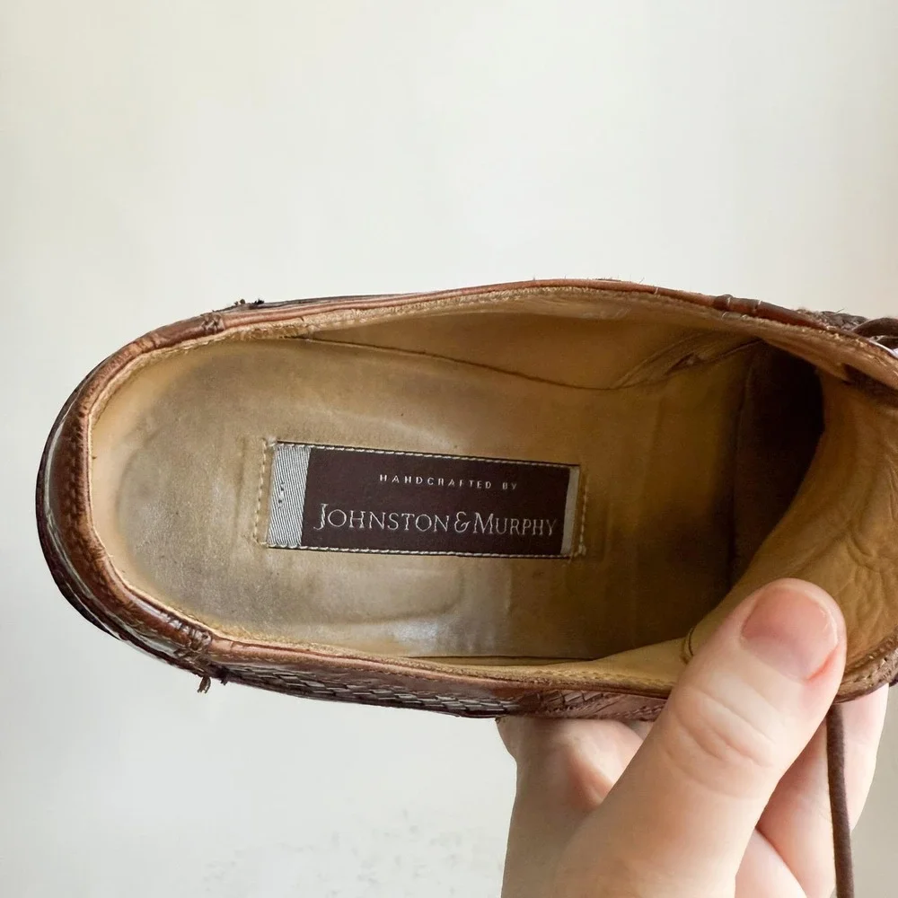 Johnston & Murphy vtg Brown‎ Woven Leather Oxford Shoes, Mens US 9.5M